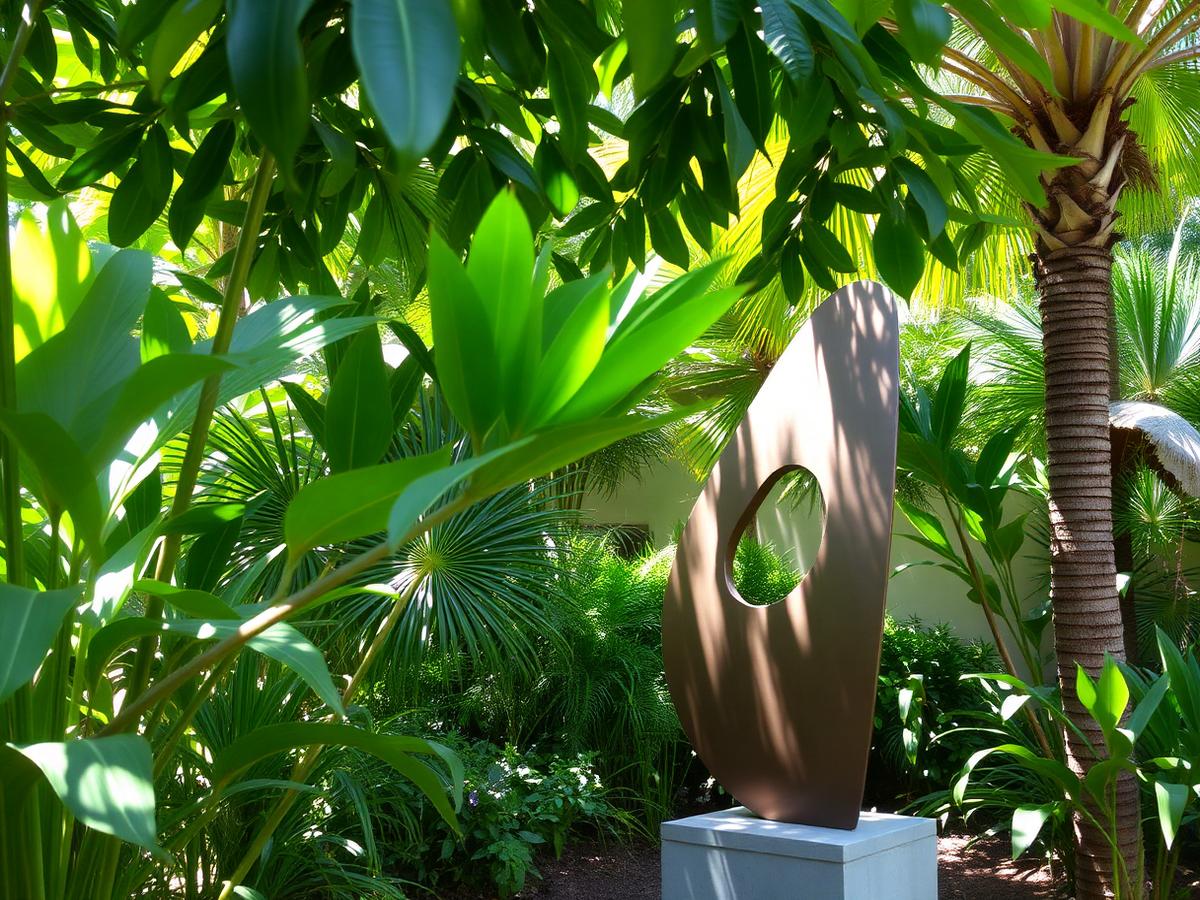 Bronze abstract sculpture in Ananta's tropical garden